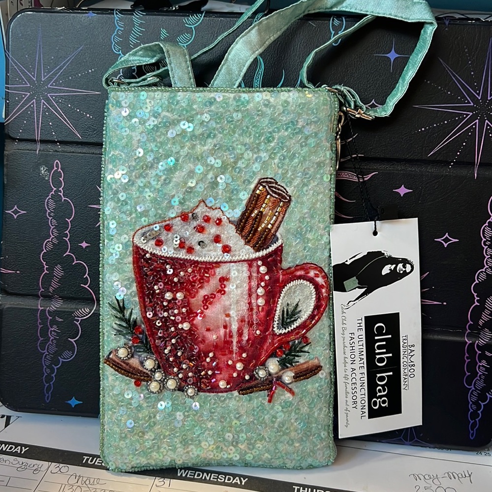 Beaded boutique club bag.  Cocoa coffee cup design.